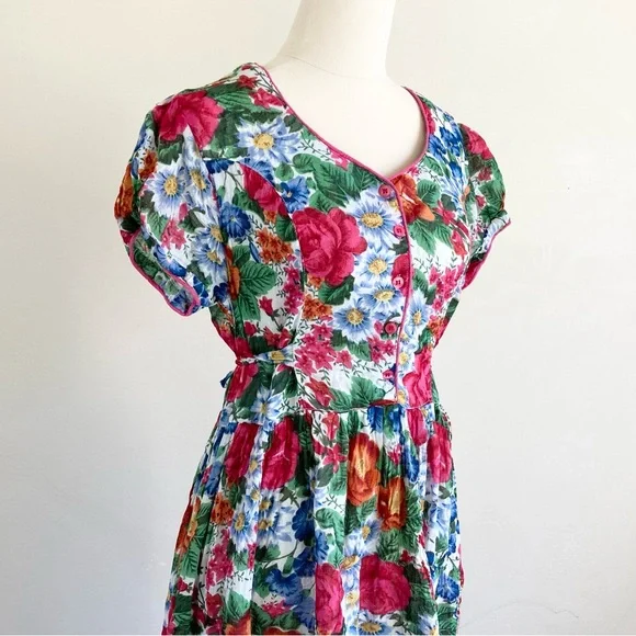 Vintage 1980s Floral Front Button Maxi Dress L Cotton100% Lined Pink Beautiful - Picture 6 of 11